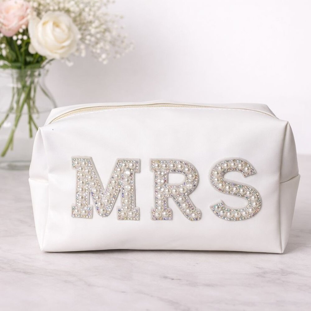 White Faux Leather MRS Makeup Bag Pearl Rhinestone Bridal Cosmetic Case Gift